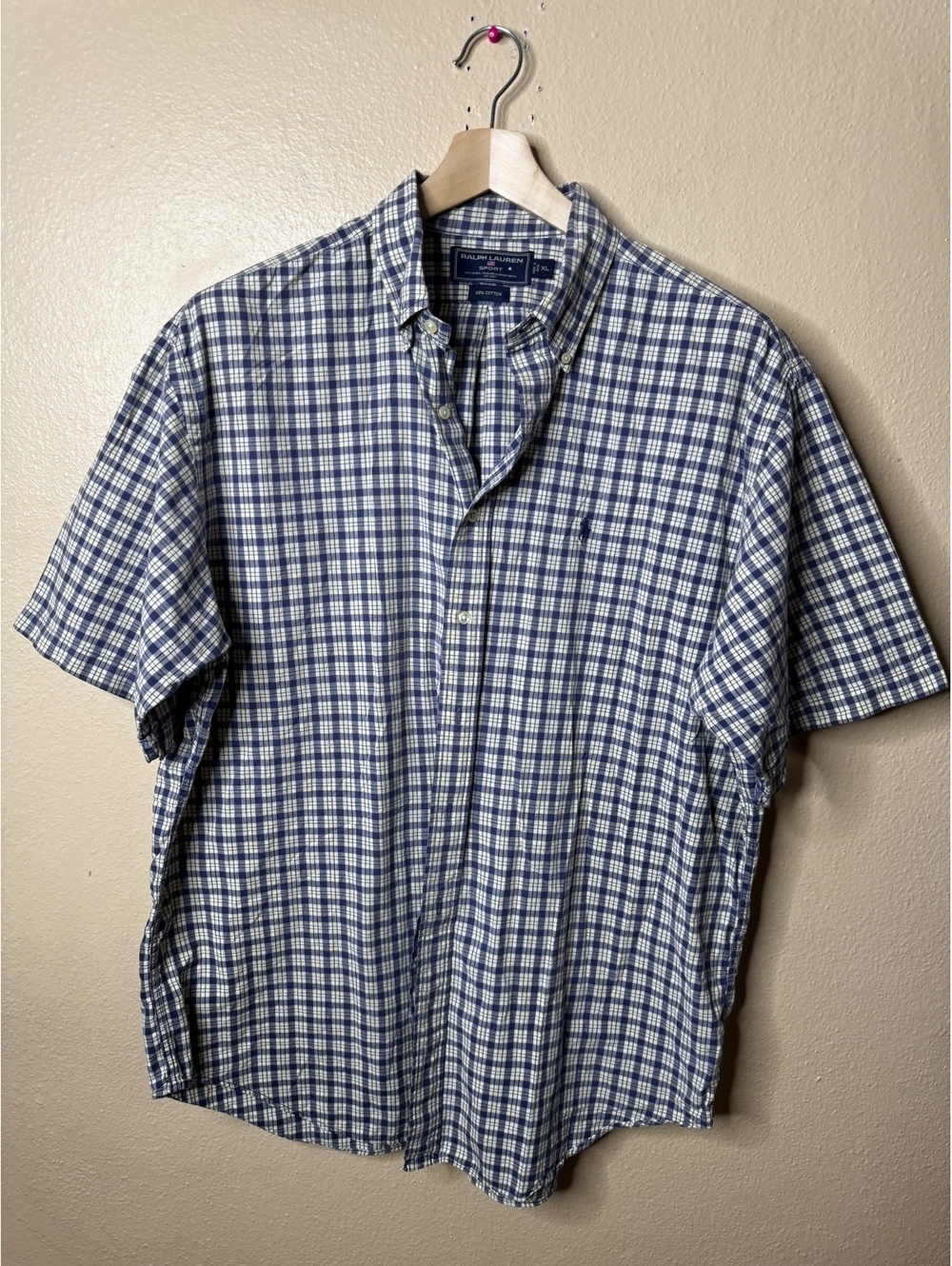 Ralph Lauren Sport Men’s Blue White Plaid Short Sleeve Button Down Shirt XL